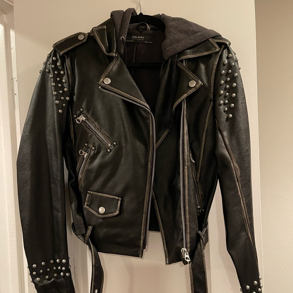 Zara Studded Vegan Leather Jacket with hoodie